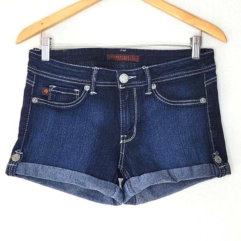 DOMAINE Dark Blue Denim Cuffed Rolled Jean Shorts size 11 (Juniors) Distressed